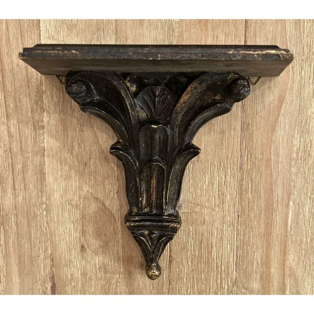 Vintage Ornate Black Gilt Gold Acanthus Wall Shelf Bracket Display Shelves Italy